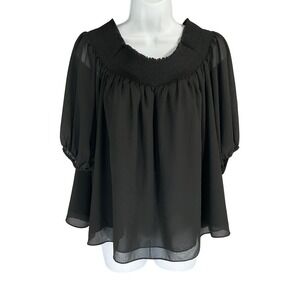 LOFT Top Womens Sz M Black‎ Smocked Neck 3/4 Sleeve Sheer Blouse Romantic Flowy
